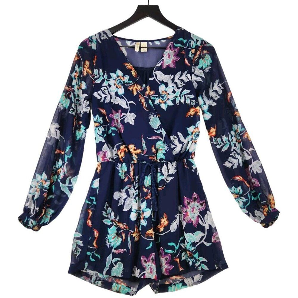 Japna Women's Romper Sz Small Navy Floral Lined Sheer Sleeves Faux Wrap Cottage